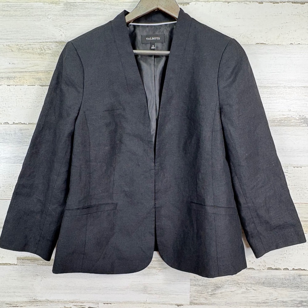 Talbots Women's‎ Black 3/4 Sleeve Linen Blend Collarless Blazer Size 12